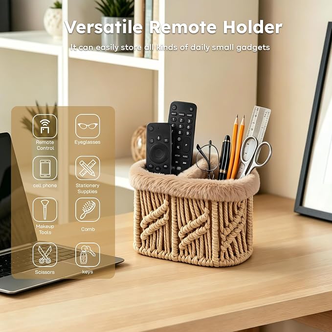 Remote Control Holder, Plush Lined TV Remoter Holder Caddy, Nightstand Desk Dresser Table Storage Organizer for TV Remotes, Media Controllers, Glasses, Office Supplies (Brown, 2 Slots)