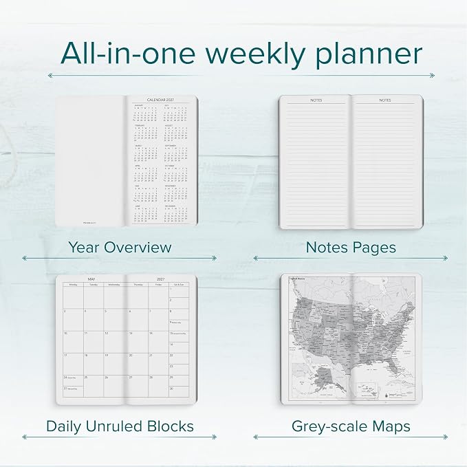 Harbor Pocket Weekly Monthly Planner 2027, Calendar Planner and Notebook, Durable Faux Leather, 192 Pages, Softcover & Book Bound - Cambridge Flamingo - 6x3.25"