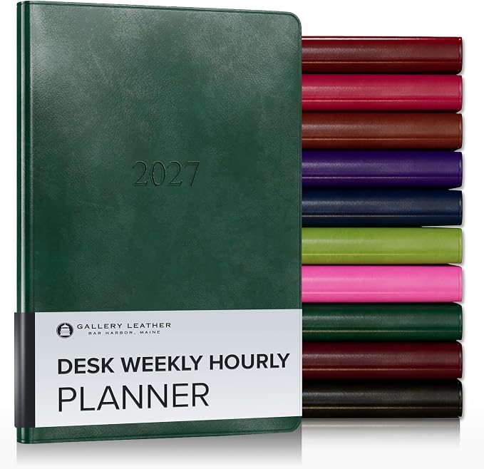 Gallery Leather Desk Hourly Weekly Monthly Planner 2027, Elegantly Bound Calendar Planner and Notebook with Stylish Gold-Gilded Page Edges, 12 Months - Acadia Green - 8x5.5"