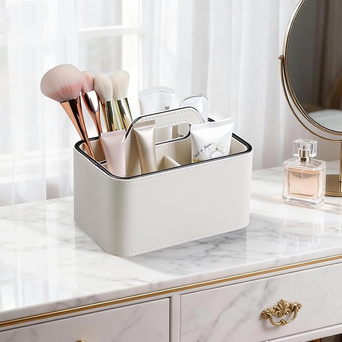 Caddy Organizer with Handle, PU Leather Remote Control Holder Desk Caddy, Portable Makeup Remote Organizer for Table, Nightstand, Office (Cream)
