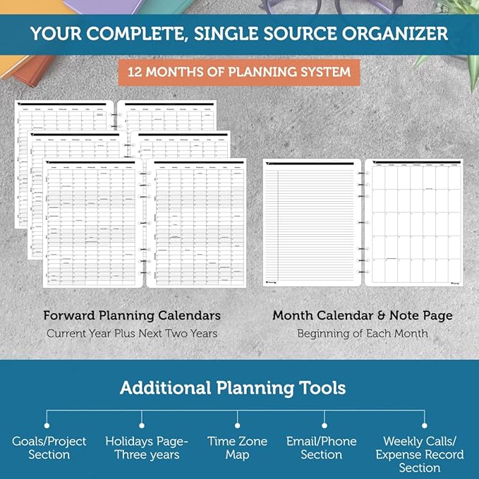 Planner Pad 7 Hole Loose Leaf January-December 2026/ Calendar Year 8 1/2" x 11" Large 3-Tier Funnel Down 12 Month Organizer,Black Ink, 8 1/2" x 11”