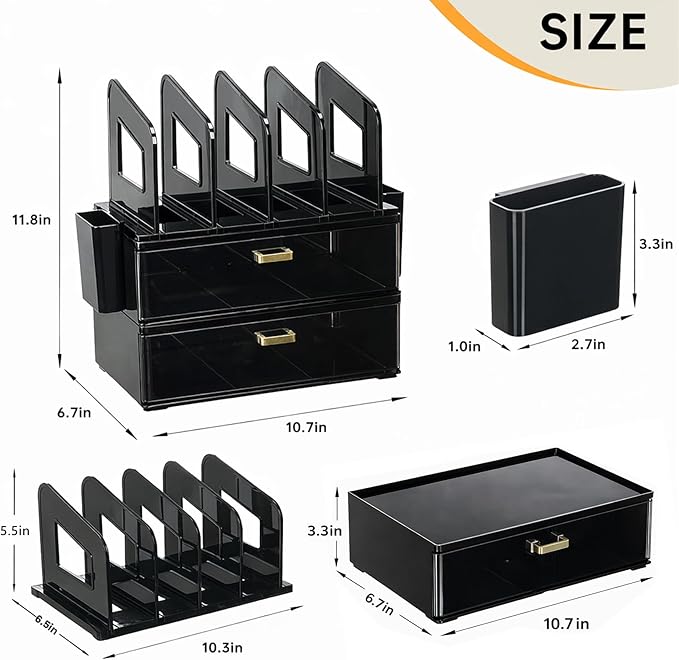 CiWiVOKi Desk Organizer with 4 File Holder Slots, 2 Clear Drawers & Dual Pen Holders, Sturdy Multi-Functional Desktop Storage for Home Office, Mail Sorter & Caddy, Black