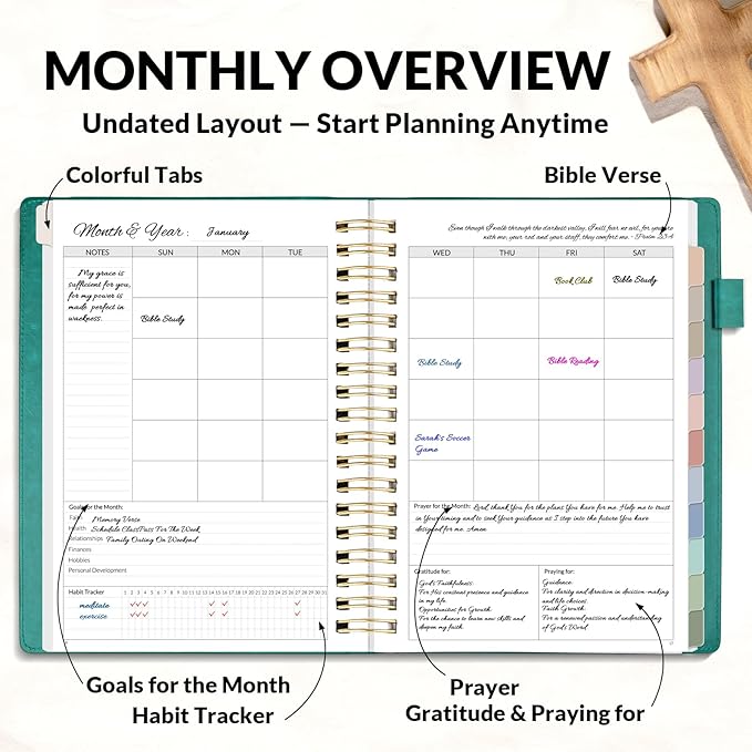 SUNEE Christian Planner - Undated 12 Month Bible Journal and Prayer Planner A5 Spiral Bound, Monthly & Weekly Christian Organizer Gifts for Women Men (Pacific Green)
