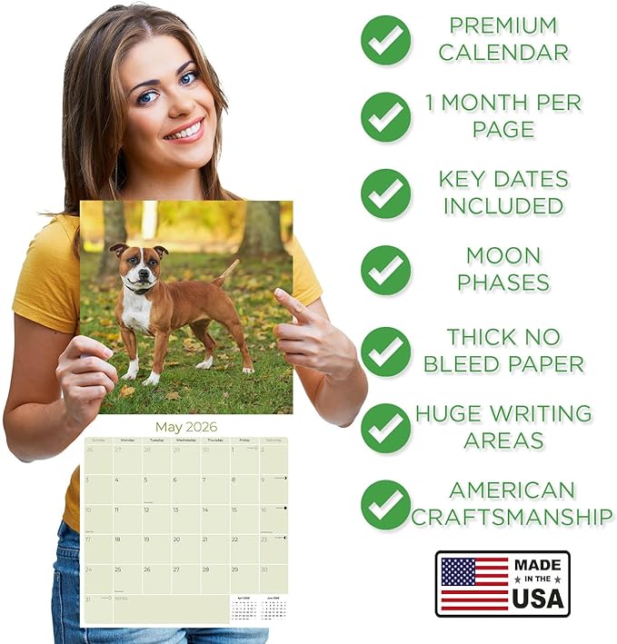 Staffordshire Bull Terrier Calendar 2026 by MegaCalendars – Monthly Dog Breed Wall Calendar, Made in USA
