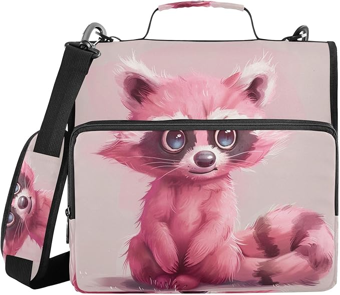 ALAZA Pink Raccoon Cartoon 3 Ring School Zipper Binder Bag Expanding File Folder Case Briefcase with Shoulder Strap