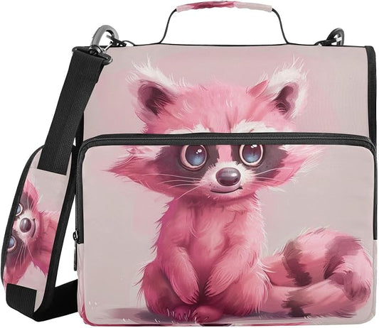 ALAZA Pink Raccoon Cartoon 3 Ring School Zipper Binder Bag Expanding File Folder Case Briefcase with Shoulder Strap