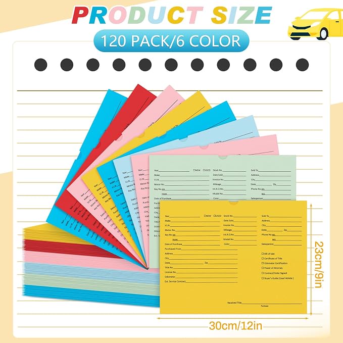 Watersay 120 Pcs 9 x 12 In Vehicle Dealer Jackets for Car Sales 32lb Colored Printed Deal Envelopes Dealership Supplies File Jackets Automotive Folders for Car Dealerships (Classic,Colorful)