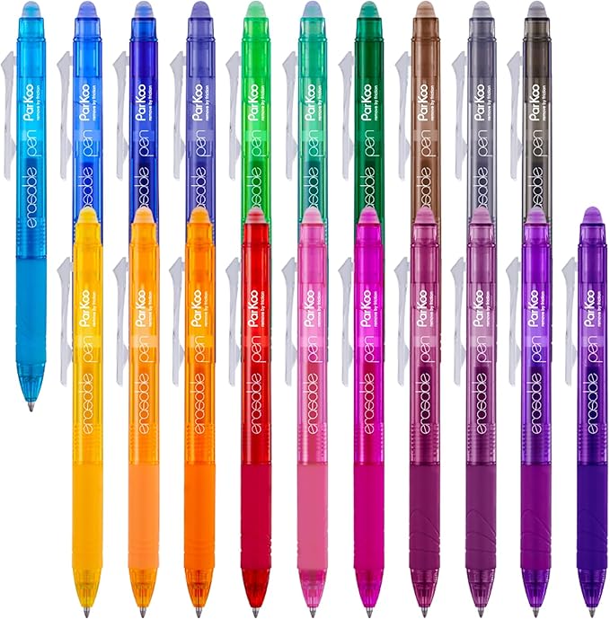 ParKoo 20 Colors Retractable Erasable Gel Pens Clicker, Fine Point 0.7 mm, Make Mistakes Disappear, Comfort Grip for Drawing Writing Planners and Crossword Puzzles