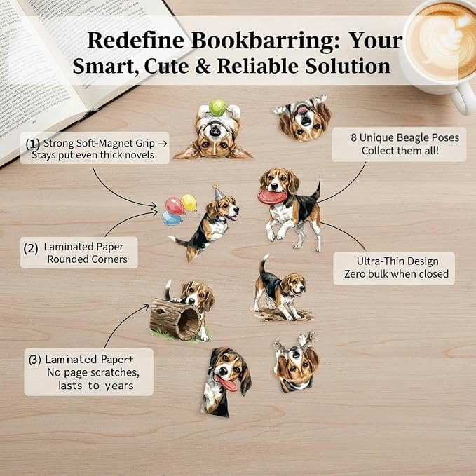 Beagle Magnetic Bookmarks Set of 8 – Cute Dog Bookmark Clips, Funny Dog Page Markers with Playful Poses, Magnetic Book Marks for Dog Lovers, Animal Bookmarks Gifts for Dog Moms & Women