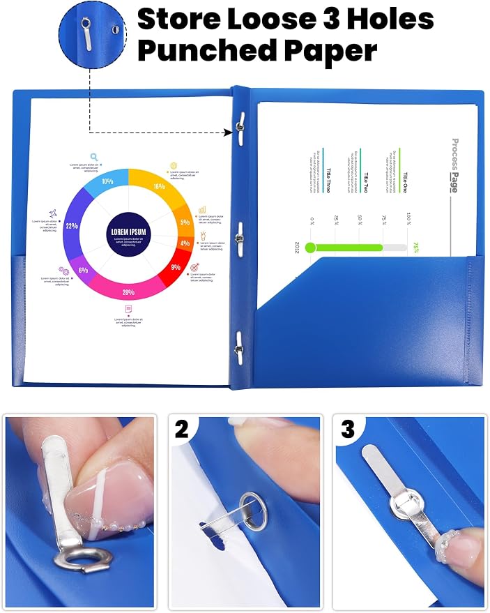 SUNEE 12-Pack Blue Plastic Folders with Pockets and Prongs, Letter Size, 9 x 11.5 in