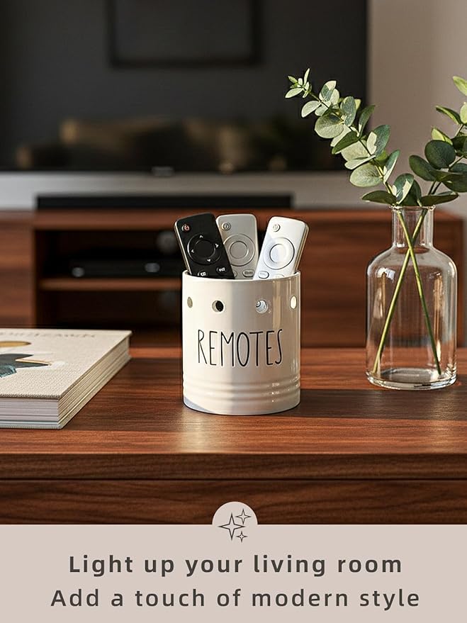LEETOYI Ceramic Remote Control Holder, 4.9 Inch Remote Caddy Storage, Makeup Brush Holder, Office Supplies, White