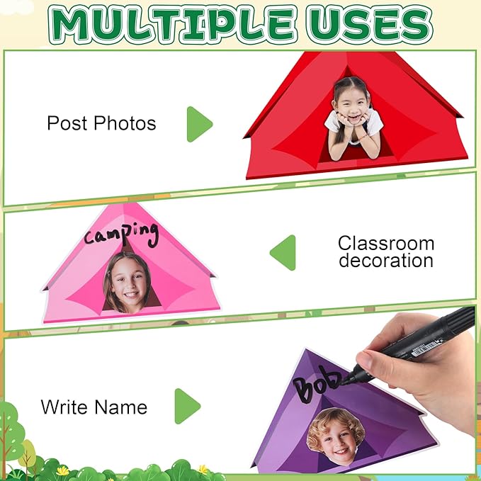 48 Set Camping Tent Cutouts with Photo Space for Bulletin Board Decor Camping DIY Photo Crafts Woodland Tents Paper Cut Outs for Teacher Student School Home Chalkboard Wall Classroom Decors