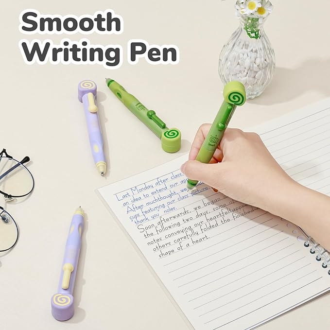 Temiary 4 Pcs Cute Retractable Erasable Gel Pens, 0.5 mm Fine Point Blue Ink Pen with 12 Pcs Refills, Make Mistakes Disappear, Writing and Crossword Puzzles for School Office Supplies (Green & Purple)