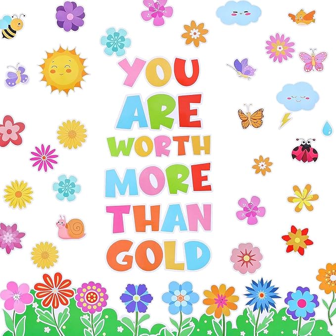 GLOBLELAND Bulletin Board Decorations Set You are Worth More Than Gold Flower Cutouts Ppaer Decor Bulletin Boards Paper Butterfly Crafts for Wall Decor