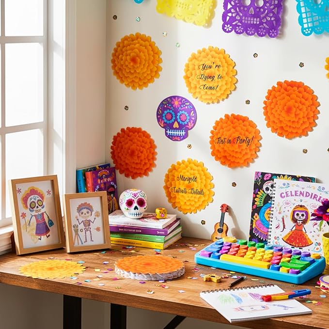 TaoBary 24 Pcs Day of The Dead Decorations Marigold Flower Paper Cutouts 7.09in Dia De Muertos Party Decorations Marigold Flower Bulletin Board Decor for Mexican Halloween Classroom Altar Wall Crafts