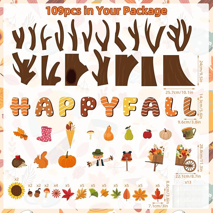 109Pcs Happy Fall Bulletin Board Decorations Set Autumn Thanksgiving Fall Tree Maple Pumpkin Leaf Scarecrow Cutouts with Glue Points for Home School Chalkboard Wall Decor