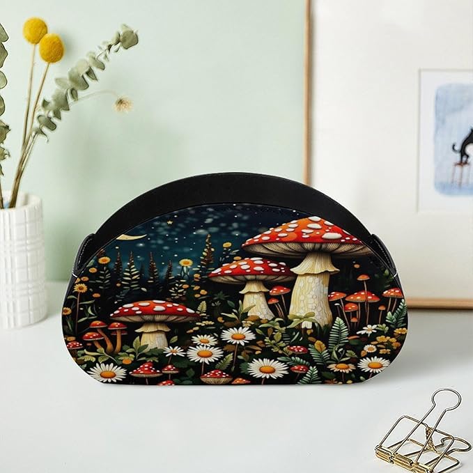 Moon Mushroom Forest Remote Control Holder with 5 Compartment PU Leather Multi Functional Desk Storage for TV Remotes Office Supplies