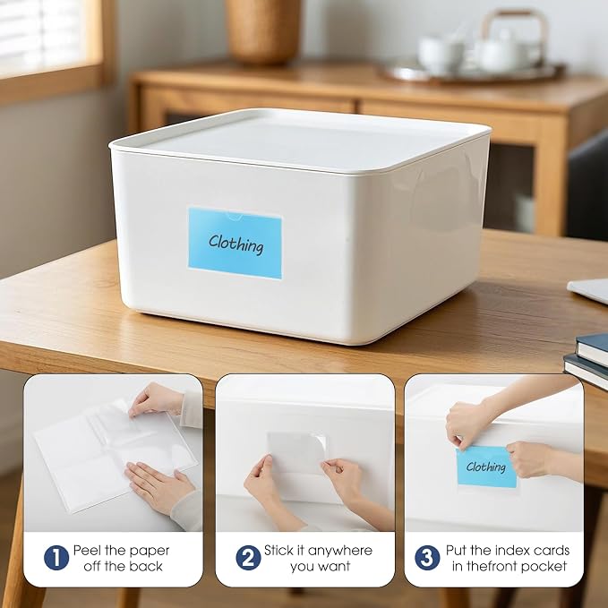 MaxGear 3" x 5" Index Card Holder, 52 Pack Labels for Storage Bins, Clear Adhesive Pockets with Top Open Loading, Plastic Label Holders Tote Bag Labels Stickers for Organizing Library Card Shelves