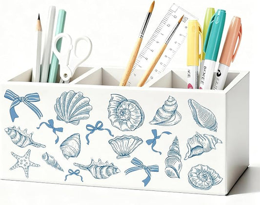Blue Preppy Beach Pen Pencil Holder for Desk, Beach Office Decor, Coquette Blue Bow Coastal Seashell Beachy Wooden Box Sign Decorations for Girly Room Bedroom Dorm Office Desk Tabletop