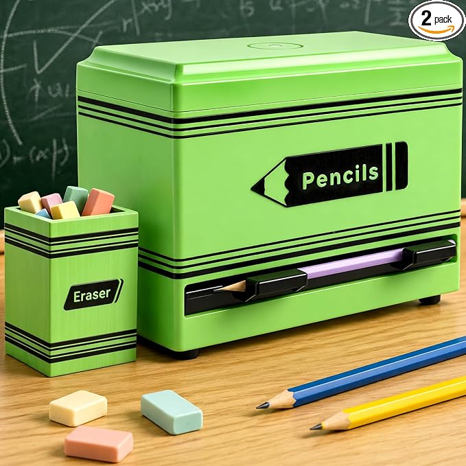 Gueevin 2pcs Pencil Dispenser for Classroom, Fun Desk Organizer with Eraser Holder, Interactive Pencil Storage for Teachers, Students & Homeschool Desk Organizer, Back to School Supplies(Green)