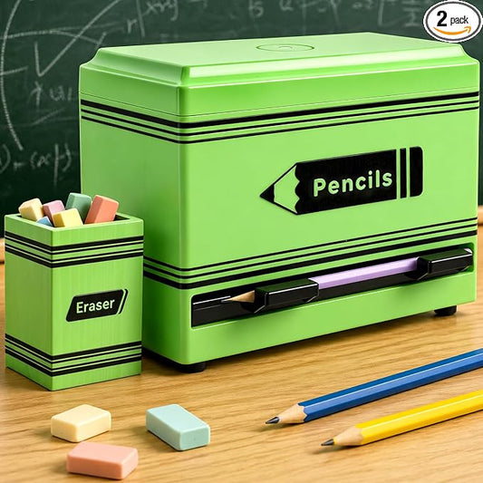 Gueevin 2pcs Pencil Dispenser for Classroom, Fun Desk Organizer with Eraser Holder, Interactive Pencil Storage for Teachers, Students & Homeschool Desk Organizer, Back to School Supplies(Green)