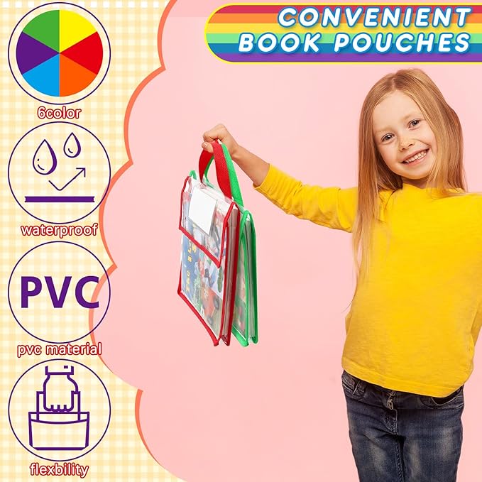 Teling 12 Pack 10 x 12 Inch Clear Book Pouches with Handles and Name Tags, Heavy Duty Reusable Library Book Bags for Classroom, Students Kids and Teacher Supplies (Bright Color)