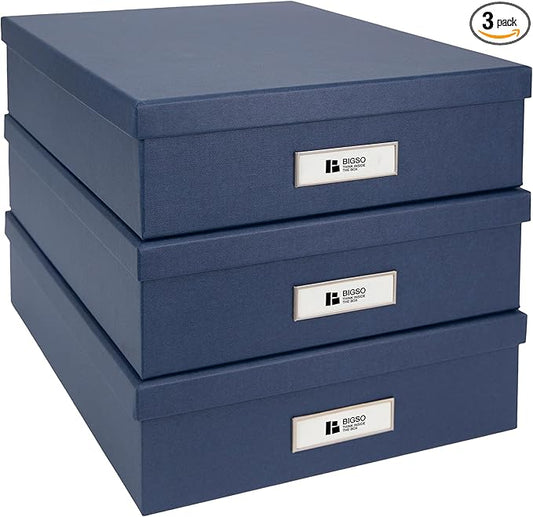 Bigso Box of Sweden Oskar Fiberboard Label Frame Document Letter Box | File Organizer for Important Paperwork | Document Storage with a Lid & Label Window | 3.3"x10.2"x13.8" | 3 Pack | Dark Blue