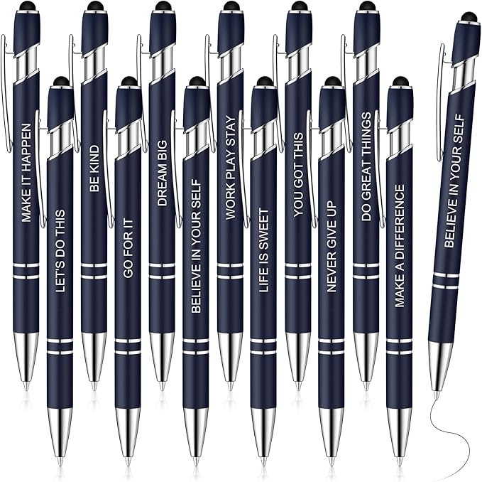 Zonon 12 Pcs Inspirational Pens Gift Set Funny Ballpoint Pen with Stylus Tip Motivational Graduation Gifts Bulk for Teacher Coworkers Nurse School Office Supplies(Navy,Motivational Style)