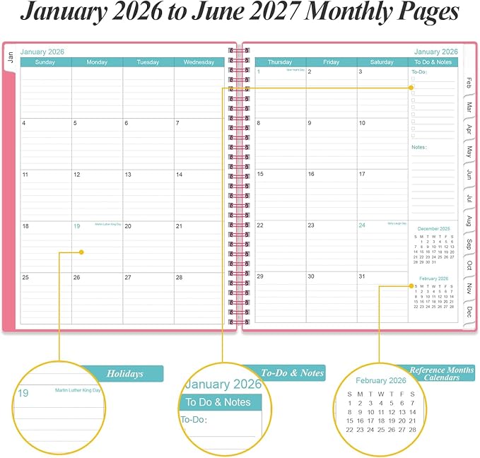 2026-2027 Monthly Planner - 18 Monthly Calendar, January 2026 - June 2027, Two Pages Per Month, 9" x11" Planner with Tabs, Strong Twin-Wire Binding, Inner Pocket, Pink