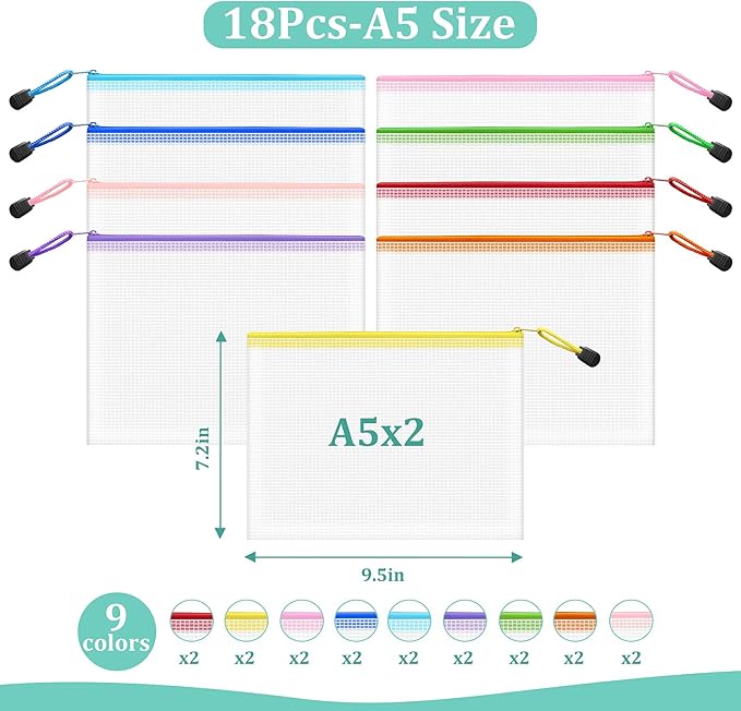 18pcs Mesh Zipper Pouch Bags Small, A5 9.5x7.2 Inches, 9 Colors Zipper Pouches for Organizing, Puzzle Storage, Travel, School, Office Supplies
