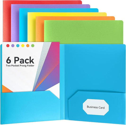Plastic Pocket Folders with Pockets, Heavy-Duty 6-Color Two-Pocket Folder for Letter Size Documents, Business Card Slot, for Office, School, Organizing Files