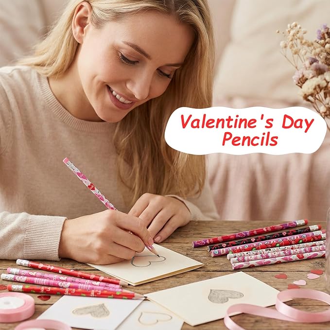 Nydotd 48pcs Bulk Valentines Day Pencils - Wooden Pencils with Erasers, Valentine's Exchange Gifts Goodie Bags Fillers Giveaways Heart Pattern