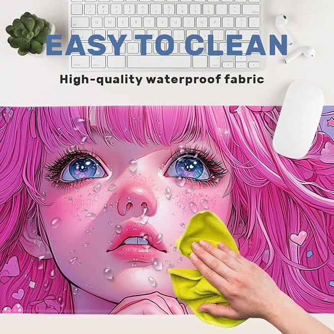 Anime Girl Gaming Mouse Pad 35.4 x 15.7 Inches Kawaii Pink Hair Heart Eyes Love Desk Mat Mouse Mat XXL Laptop Keyboard Pad, Laptop Keyboard Mousepad Aesthetic Accessories for Women