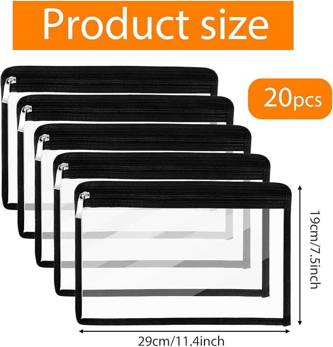 20 Pcs Large Clear Zipper Pouches Pencil Pouches PVC Makeup Pouch Envelopes Folder Storage Multi Purpose Pouch Document File Organization Bags, Office Supplies (Black Edging, 11.4 x 7.5 Inches)