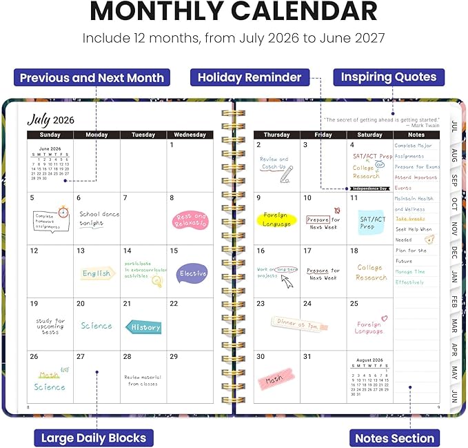 Planner 2026-2027, Monthly and Weekly Academic Planner July 2026 - June 2027, Hardcover Student Teacher Planning Agenda Calendar Book with Tabs, Perfect for Office School Supplies, A5 (6.3" x 8.5") - Petal Rhythm