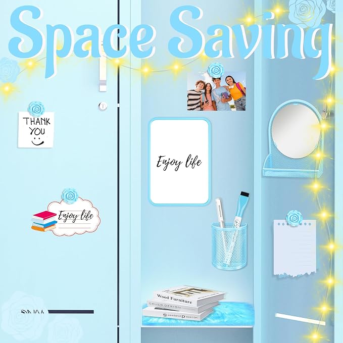 8 Pcs Blue Locker Accessories Kit Blue Magnetic Mirror, Magnetic Pen Holders, Cute Flower Magnets, Locker Organizer Supplies Back to School Stuff Gift Locker Accessories for Girls