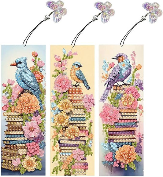 ARTopet 3Pcs DIY Diamond Art Painting Bookmarks with Colorful Butterfly Pendant PET Bookmark Ornament Double Sided Pattern Single Sided Diamond Book Marker Clip Gifts Tags-Book Pile Bird
