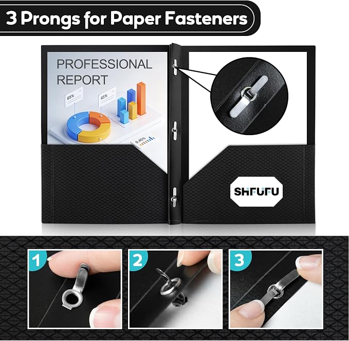 Textured 2 Pocket Folder with 3 Prongs,3 Pack Letter Size 8.5x11, Heavy Duty Textured Folder with Metal Fasteners for School, Office & Business (Black)