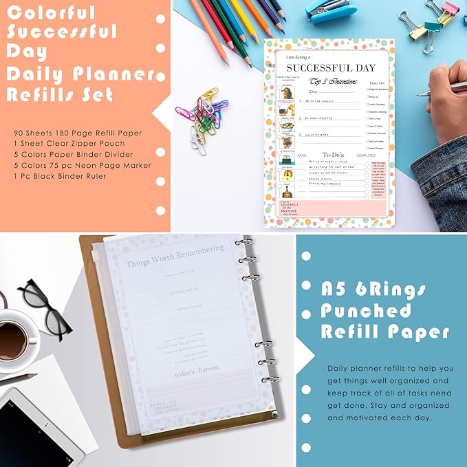 Rancco A5 Planner Inserts Daily Planner To Do List Refills, 90 Sheet 180 Page 6-Hole Successful Day Refills w/Binder Divider, Pouch, Ruler, Index Tab for Filofax, Journal, Undated,5.7x8.3inch