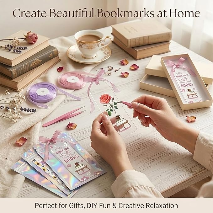 Acrylic Bookmark Blanks, 86 Pcs DIY Bookmark Making Kit with Organizer Box, 1.37x5.5 Clear Acrylic Bookmarks, UV DTF Decals, Make Your Own Bookmarks for Women & Book Lovers (Pink Bowknot)