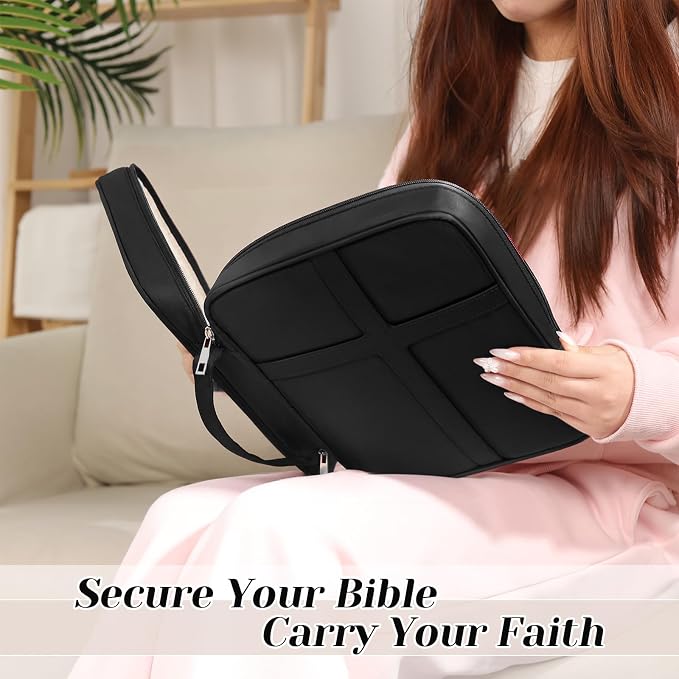 XKDOUS Large Bible Cover, Bible Bag with Handle, Durable Cross Design Bible Case with Bible Accessories, Bible Cover Case for Women and Men, Christian Gift (Black)