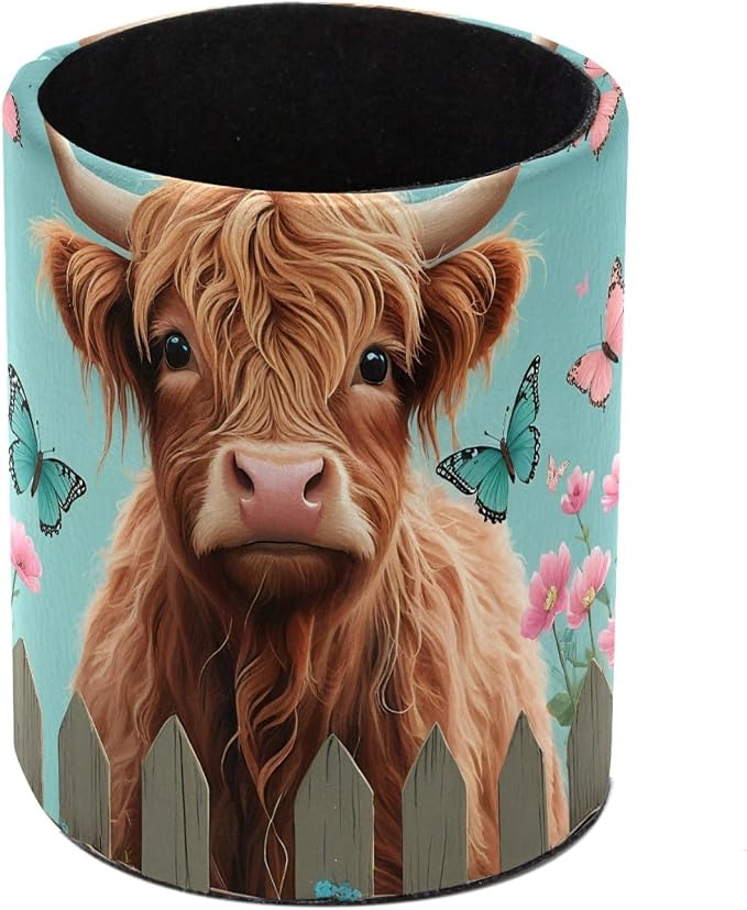 Leather Pen Holder for Desk, Highland Cow Floral Makeup Brushes Holder Pencil Cup Multifunctional Desktop Organizer Caddy for Home School Office Desk Accessories