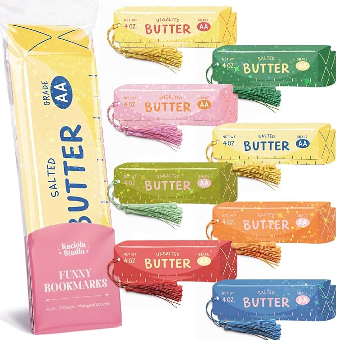 KACIOLA STUDIO 16PCS Salted Butter Stick Glitter Bookmarks, Funny Bookmarks for Women, Double Sided Bookmark Bulk Booklover Gifts, Book Accessories for Reading Bookclub Party Favors
