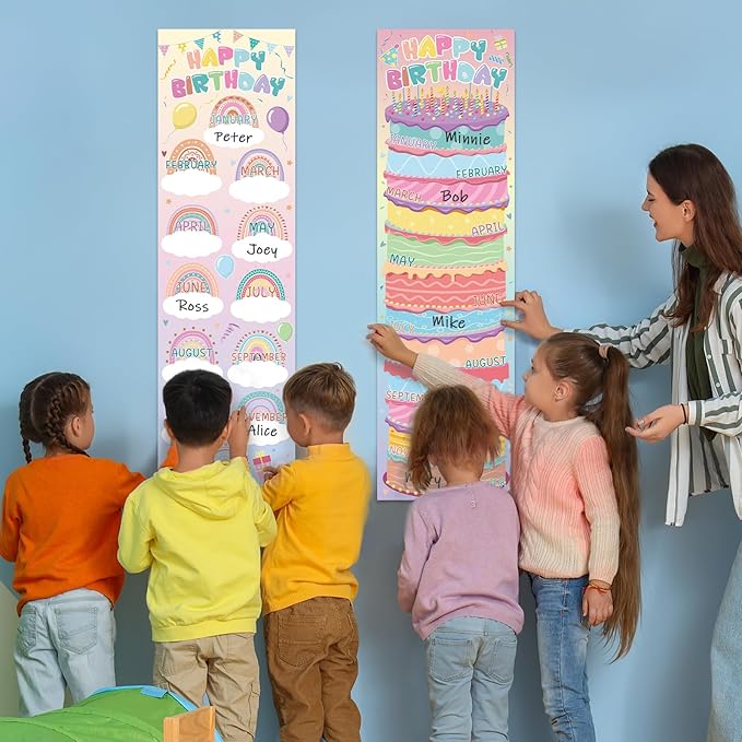 Lonfliness Happy Birthday Poster Chart Pastel Birthday Bulletin Board Decoration Macaron Birthdays Classroom Wall Door Decor for Calendar Bulletin Board Nursery Kindergarten Back to School Supplies