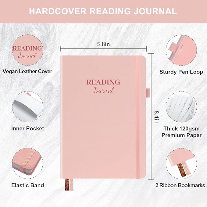 Reading Journal with 104 Book Reviews, Book Journal for Books Lovers & Readers - Review and Track Your Reading Progress, Reading Log Notebook Gift, A5, Pink