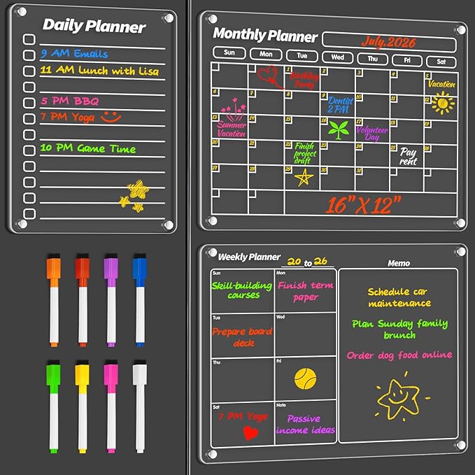 FINDMAG Acrylic Magnetic Dry Erase Board Refrigerator Calendar, 16"x12" Calendar Whiteboard for Wall, Set of 3 Transparent Magnetic Dry Erase Board for Monthly Weekly Daily Menu Planner Whiteboard