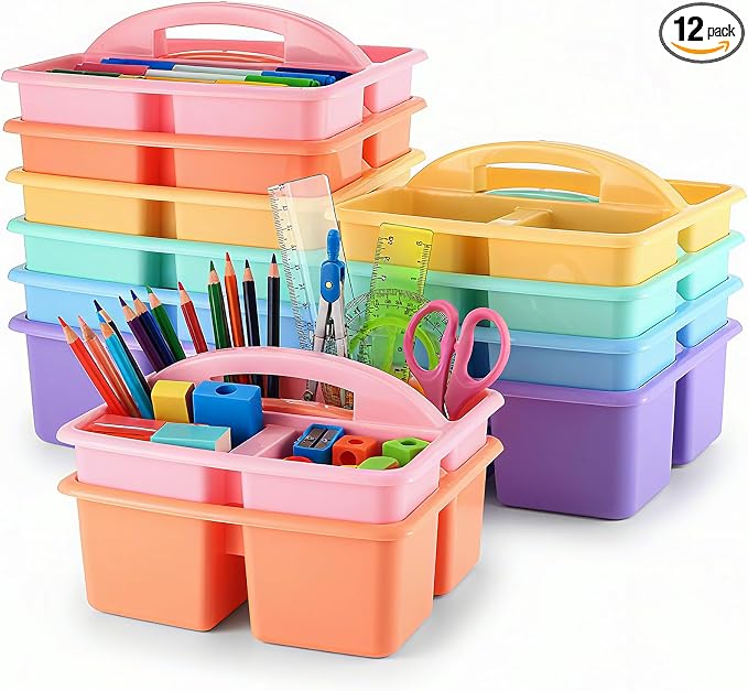 Threehoney 12 Pack Classroom Caddy Storage Basket with Handle 3 Compartment Plastic Storage Caddy Bulk for Arts Office Crafts Pencil Crayon Marker School Supplies (Macaron)