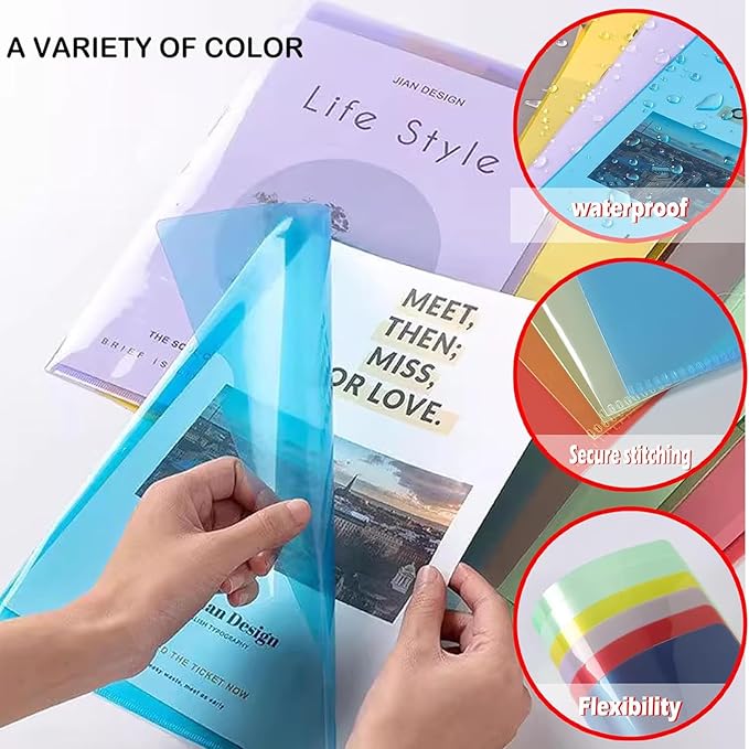 25 Pack L-Type Clear Plastic Folder A4 Letter Size Plastic Document Folder Project Pockets for School Office, 5 Colors