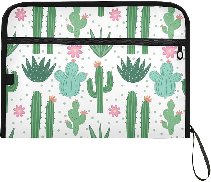 Expanding File Folder Cactus Pattern Accordion File Organizer 13 Pockets Document Organizer with Zipper Labels A4 Letter Office Storage