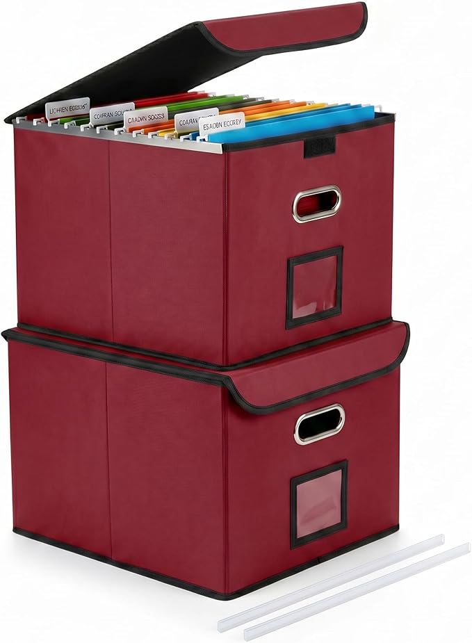 File Organizer Box with Lid, Large Hanging File Folder Organizer with Plastic Slide, Collapsible Portable Filing Storage Boxes for Office/Decor/Home (Wine Red, 14.9 x 12.59 x 10.8 inch, 2-Pack)